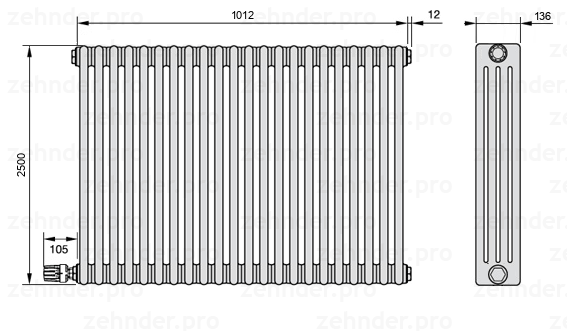 Схема (чертеж) Радиатор Zehnder Charleston 4250/22 №V003 Белый глянцевый RAL 9016